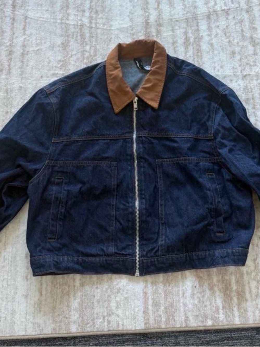 Missguided Dark Blue Denim Jacket with Brown Collar